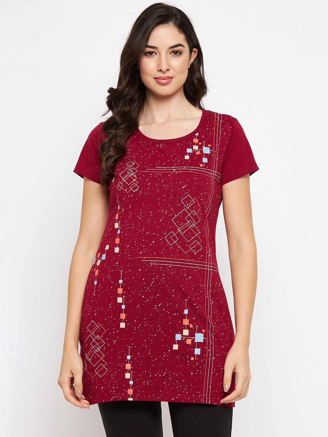 

VERO AMORE Printed Longline Lounge T-Shirts, Maroon