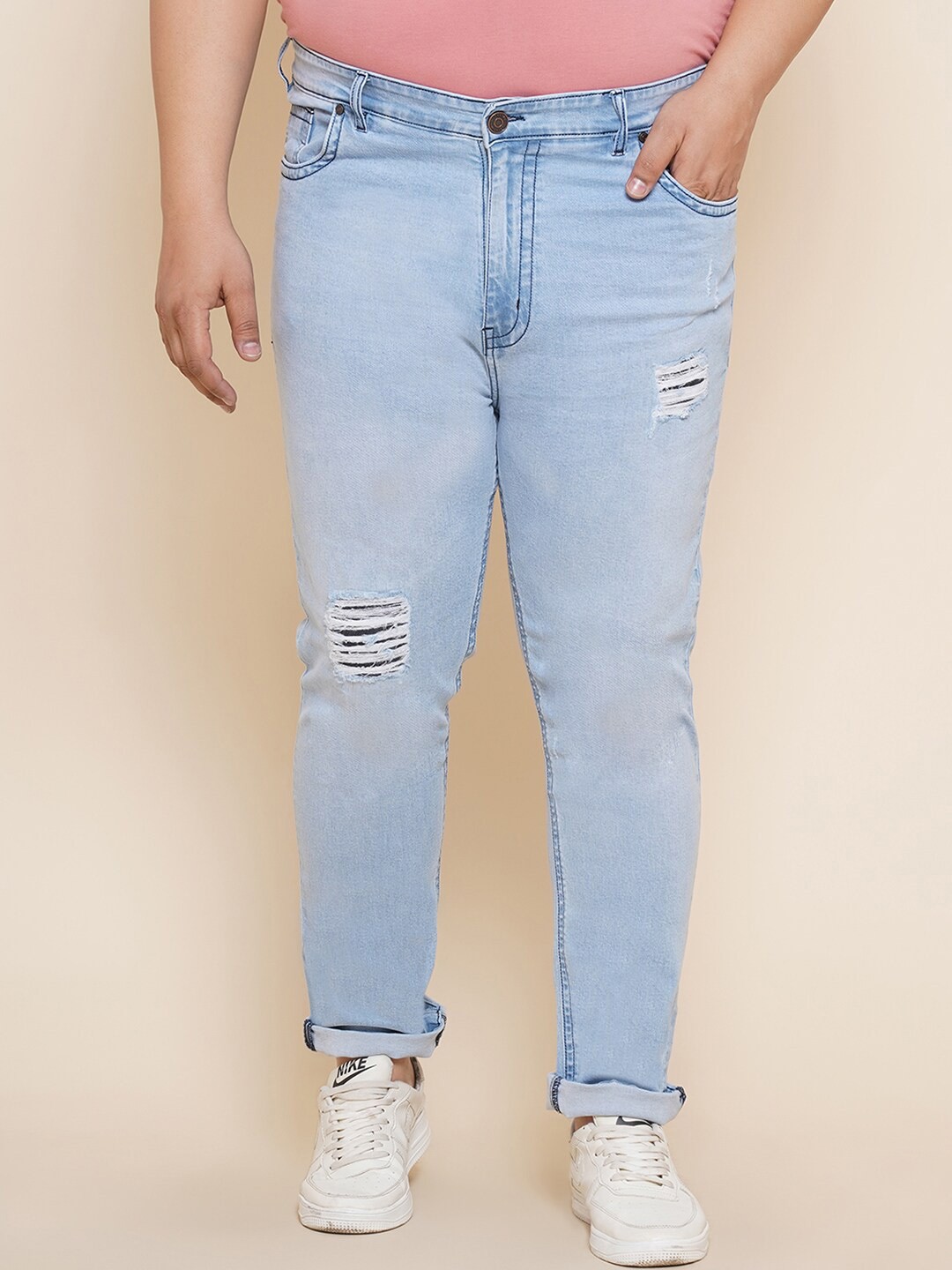 

John Pride Plus Size Men Mid-Rise Mildly Distressed Light Fade Stretchable Jeans, Blue