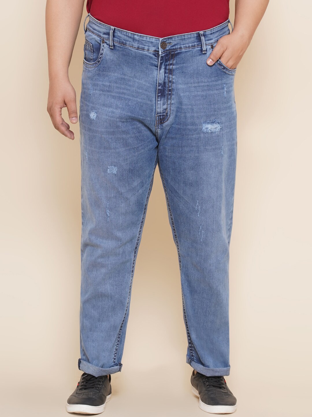 

John Pride Men Plus Size Mid-Rise Low Distress Light Fade Stretchable Jeans, Blue
