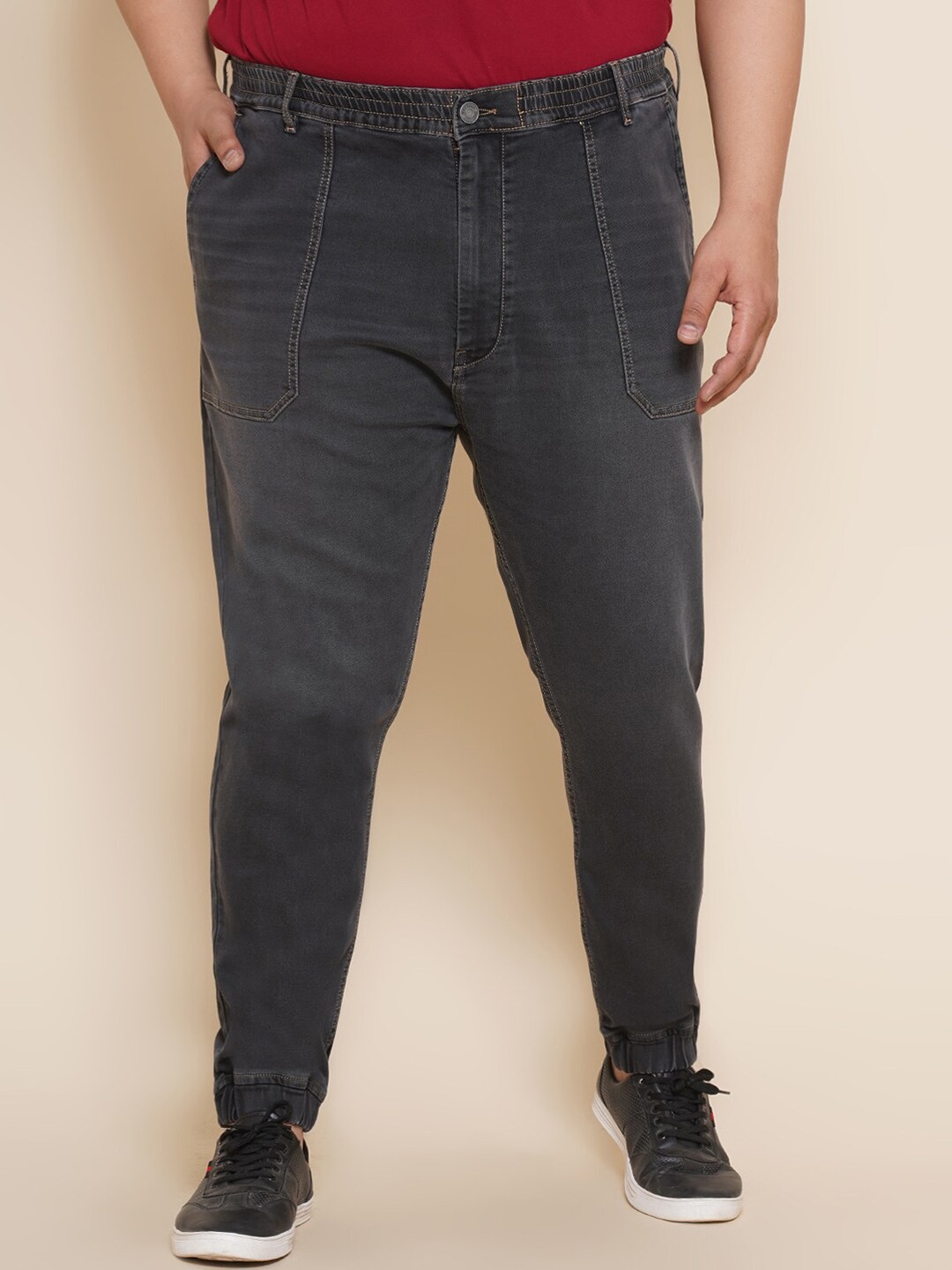 

John Pride Men Plus Size Mid-Rise Light Fade Stretchable Denim Joggers, Grey