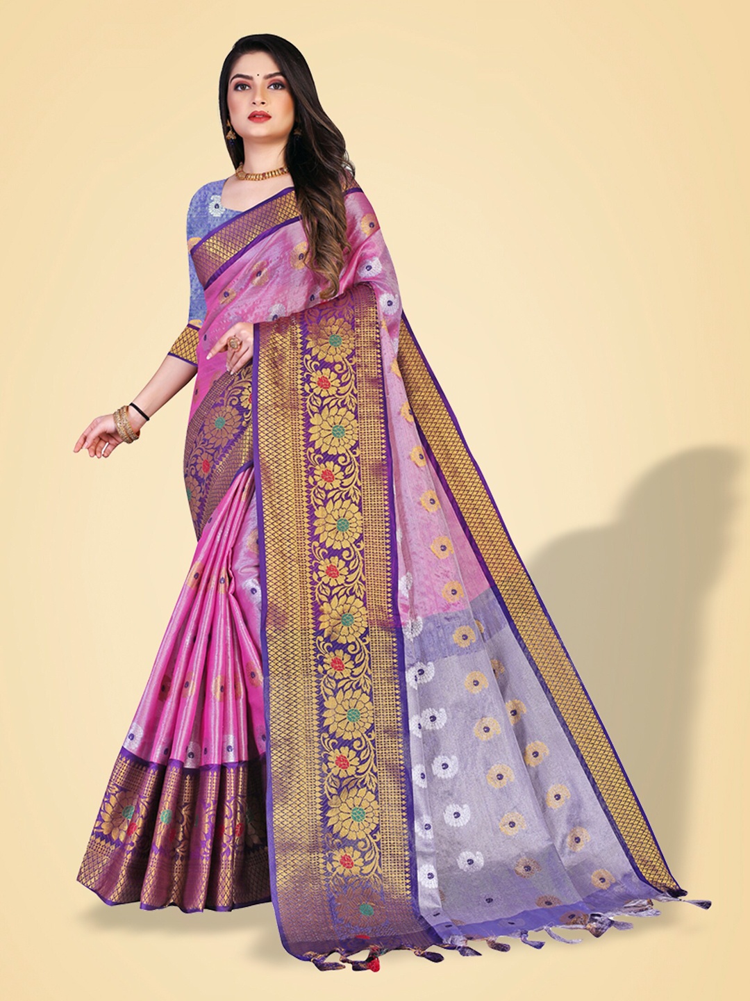 

N N ENTERPRISE Ethnic Motif Silk Cotton Kanjeevaram Zari Saree With Blouse Piece, Purple