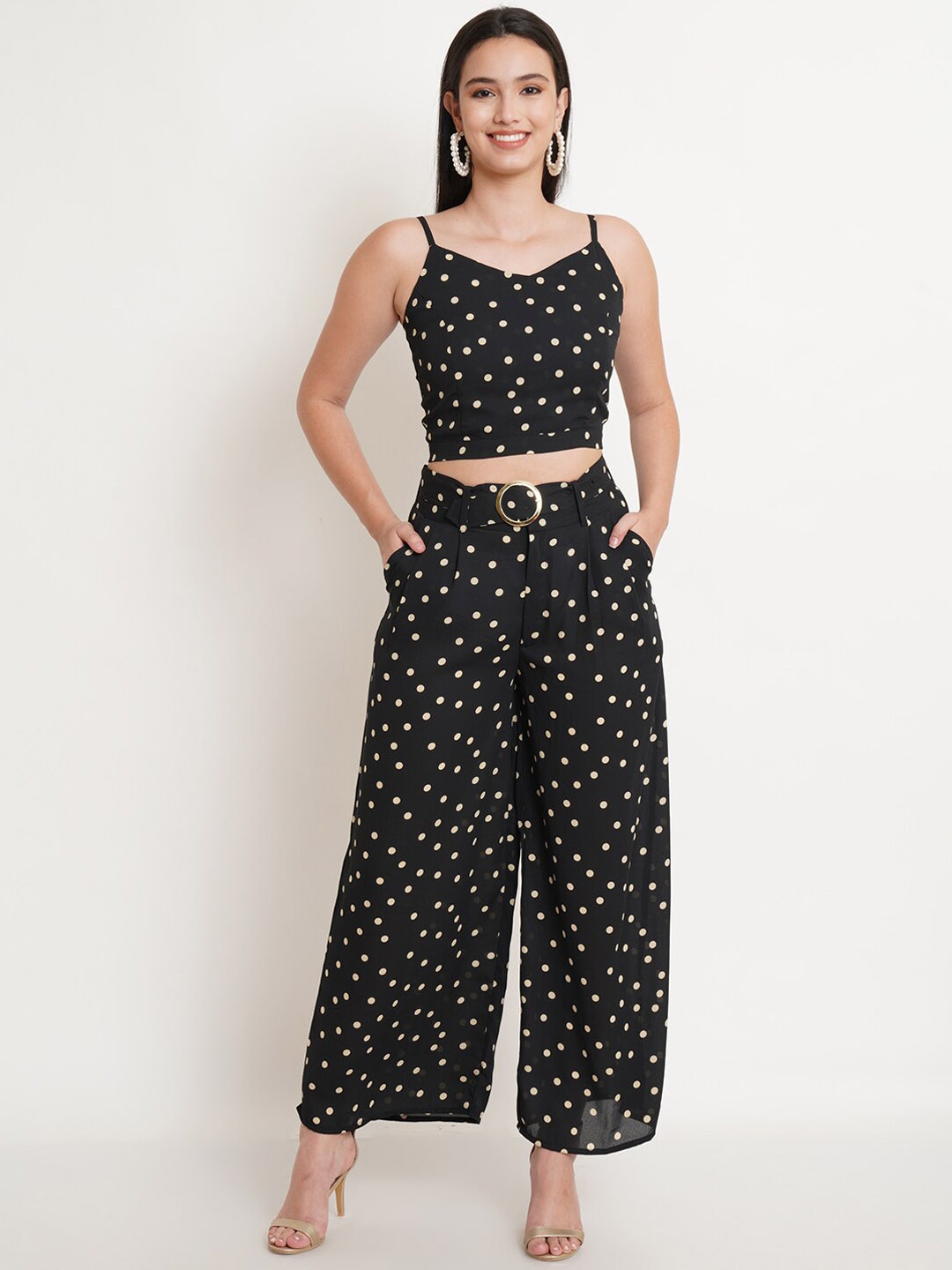 

Purple State Polka Dots Printed Crop Top with Palazzos, Black