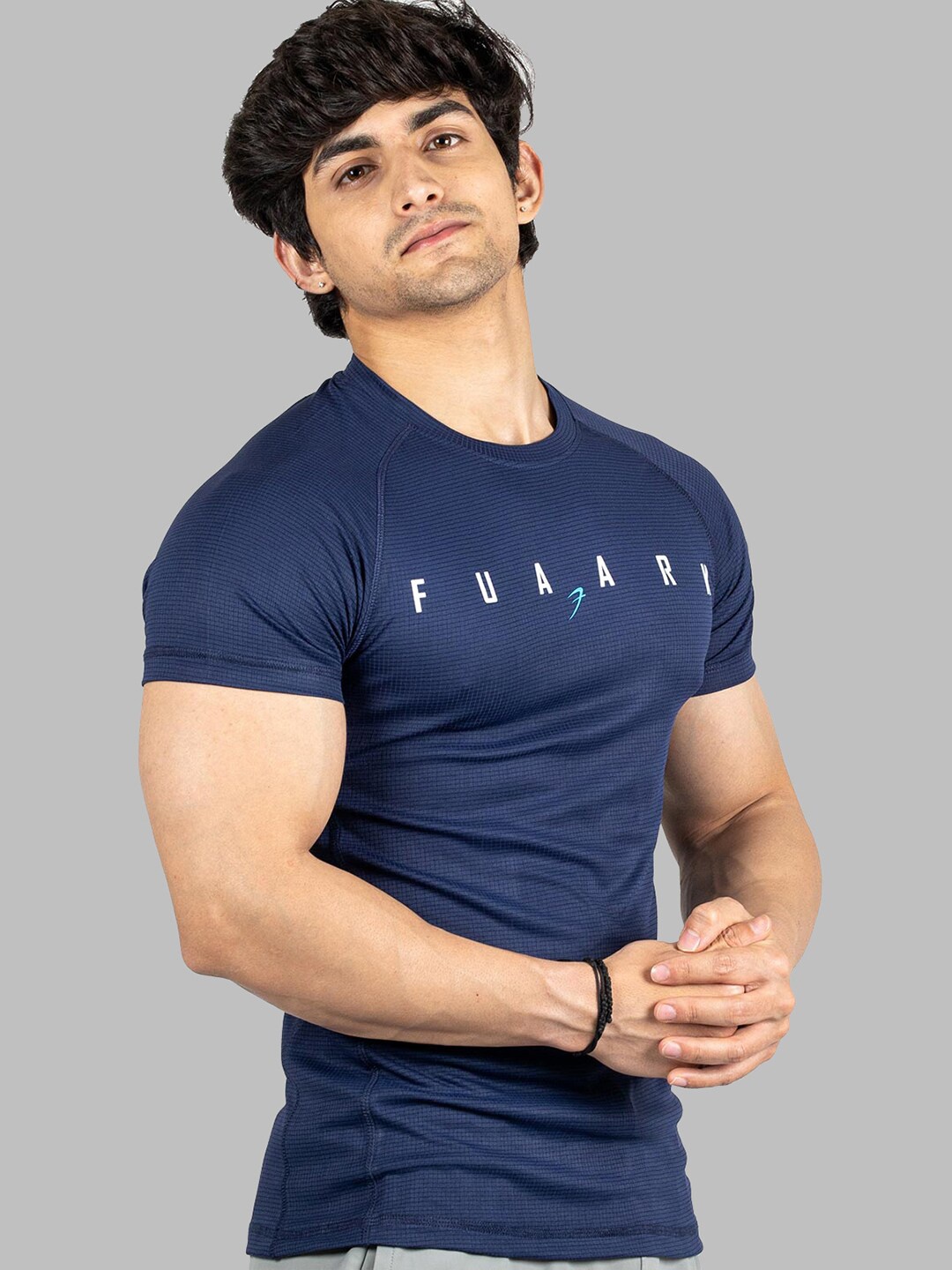 

FUAARK Slim Fit Typography Printed Raglan Sleeves Anti Odour Gym T-shirt, Navy blue