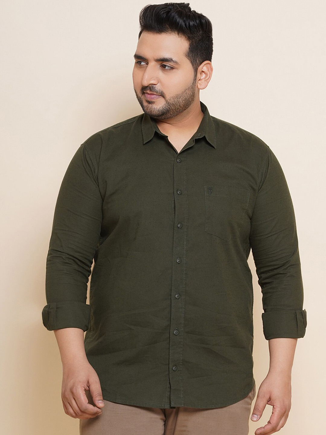 

John Pride Plus Size Spread Collar Pure Linen Casual Shirt, Olive