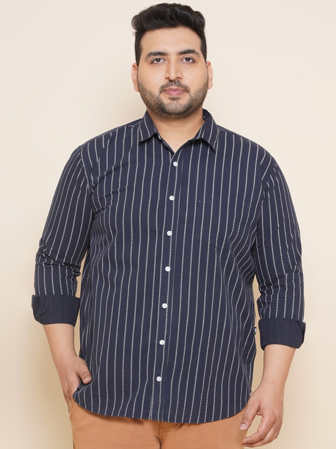 

John Pride Plus Size Vertical Stripes Pure Cotton Casual Shirt, Navy blue