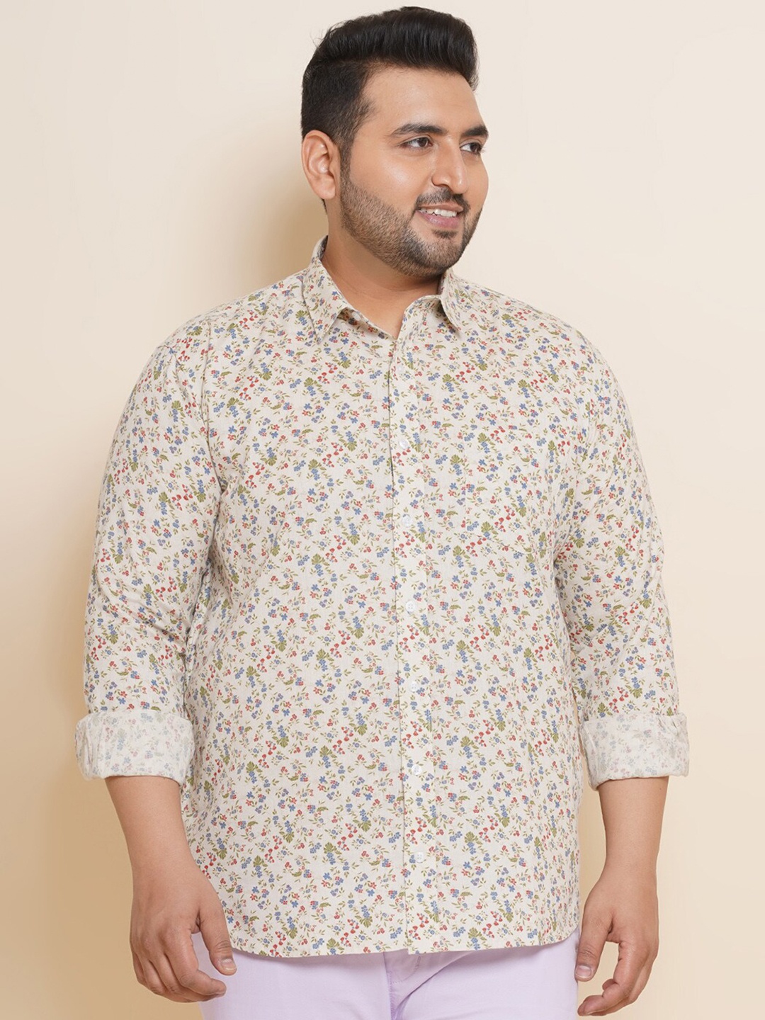 

John Pride Plus Size Floral Printed Cotton Linen Casual Shirt, Beige