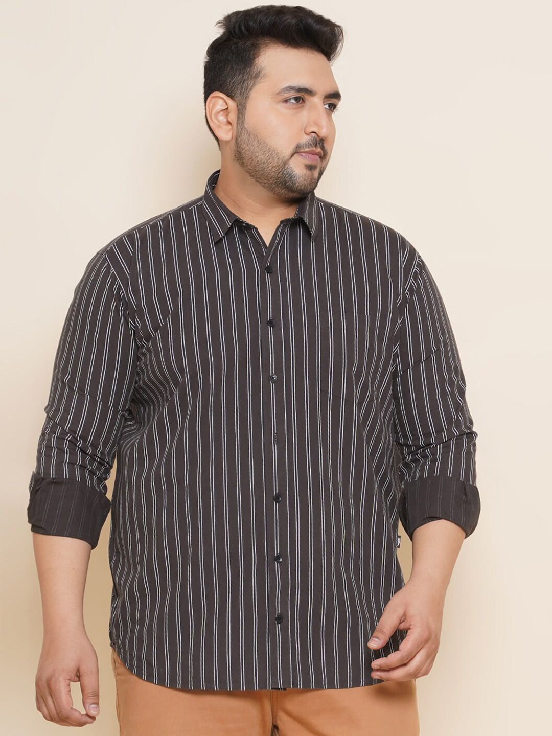 

John Pride Plus Size Vertical Stripes Pure Cotton Casual Shirt, Brown