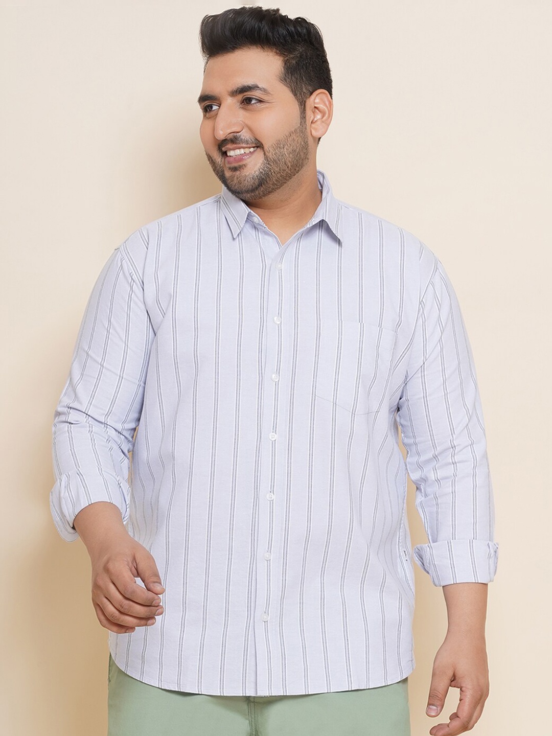 John Pride Plus Size Vertical Stripes Oxford Pure Cotton Casual Shirt, Blue