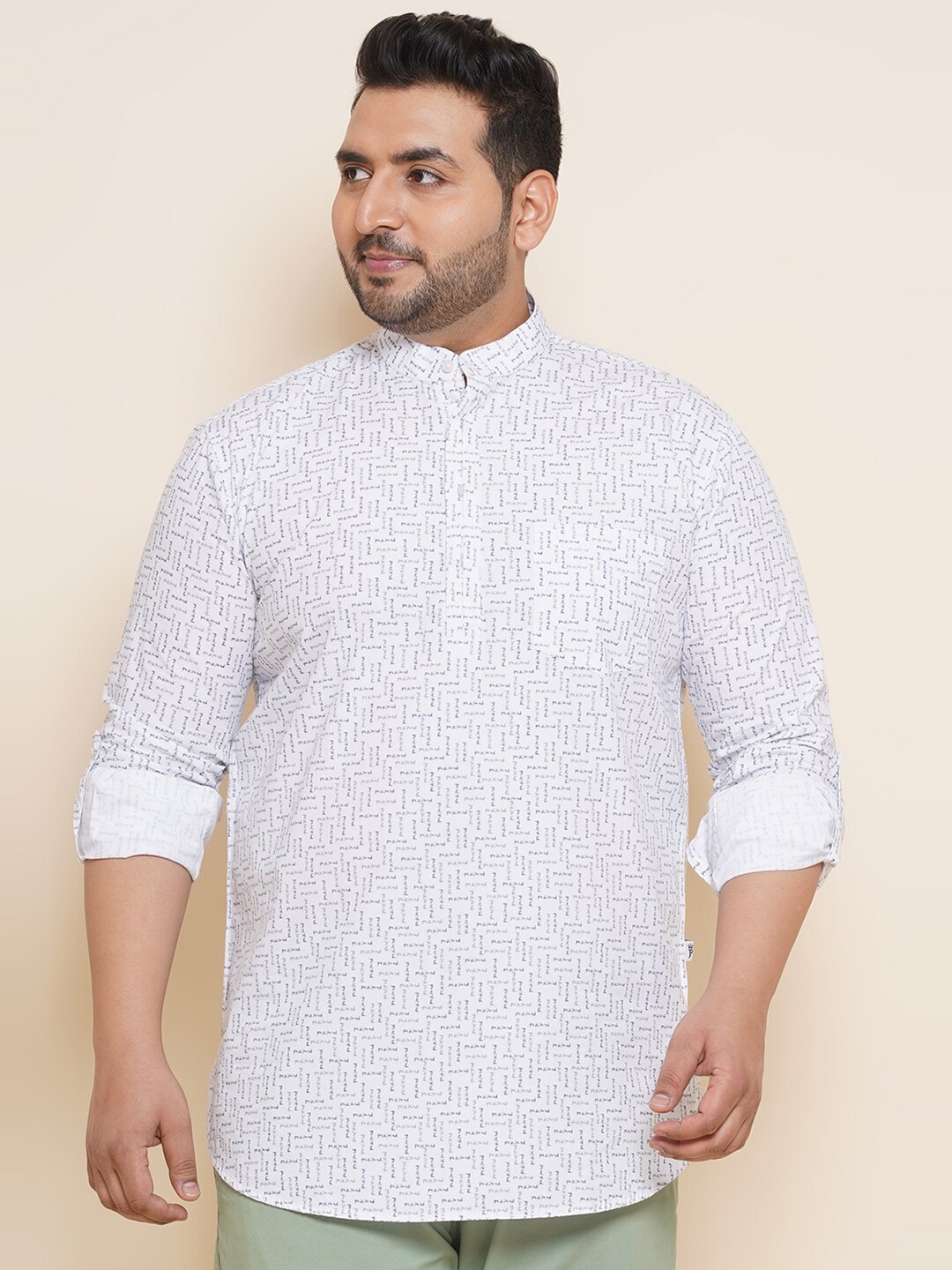 John Pride Plus Size Abstract Printed Pure Cotton Casual Shirt, White