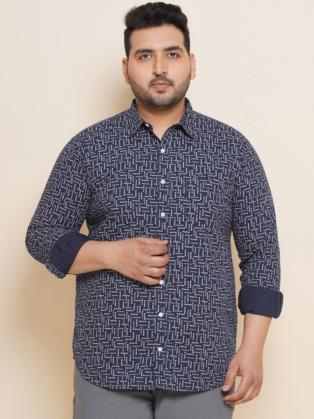 

John Pride Plus Size Abstract Printed Pure Cotton Casual Shirt, Navy blue