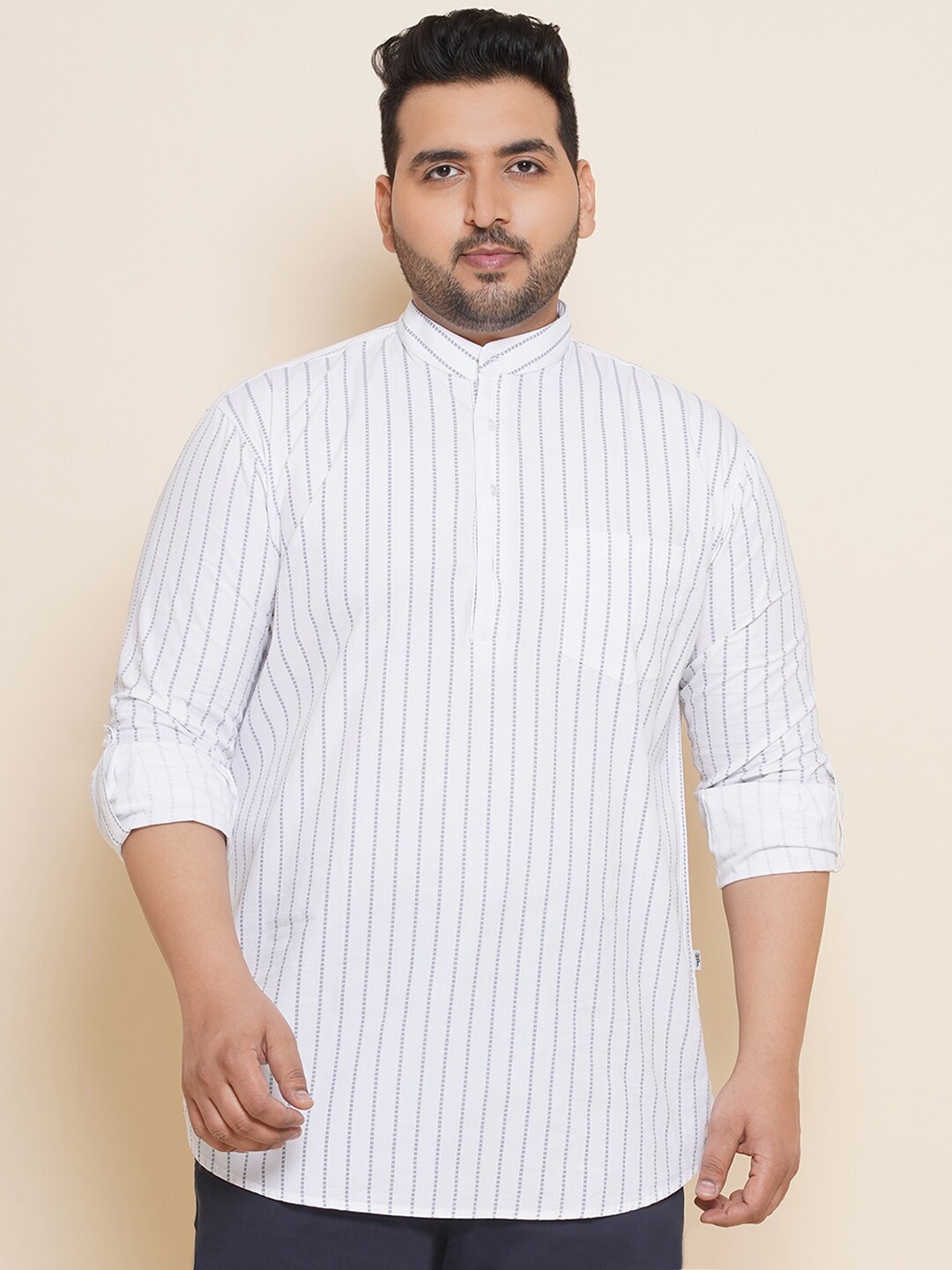 

John Pride Plus Size Striped Pure Cotton Casual Shirt, White