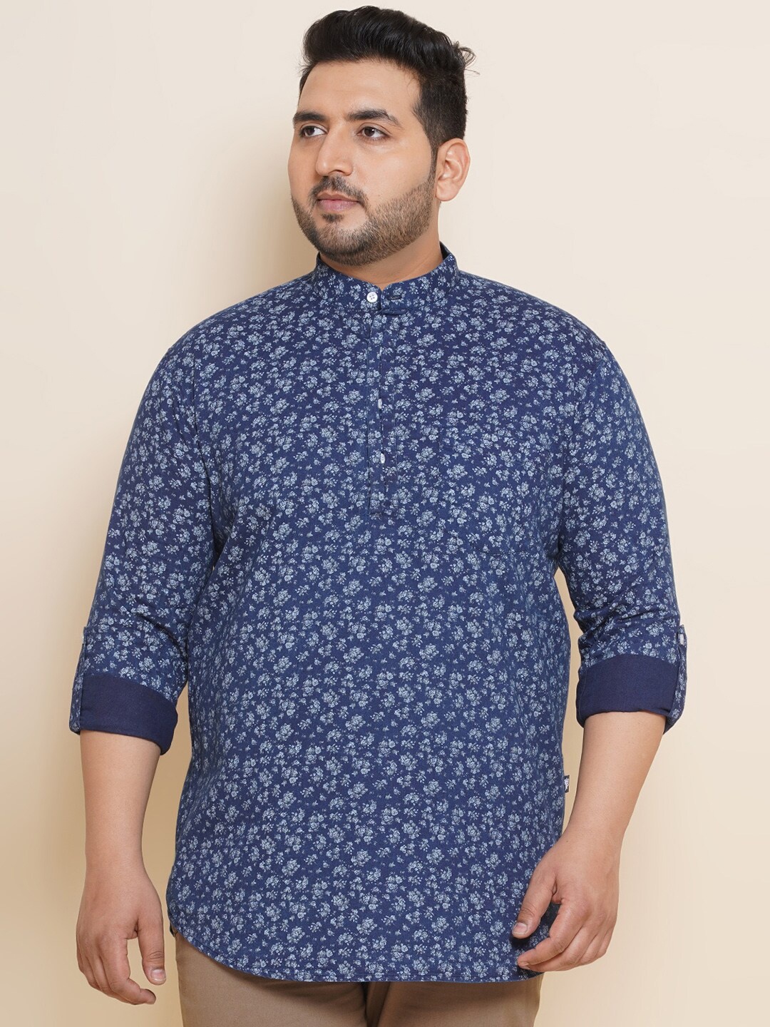 

John Pride Plus Size Floral Printed Pure Cotton Casual Shirt, Navy blue