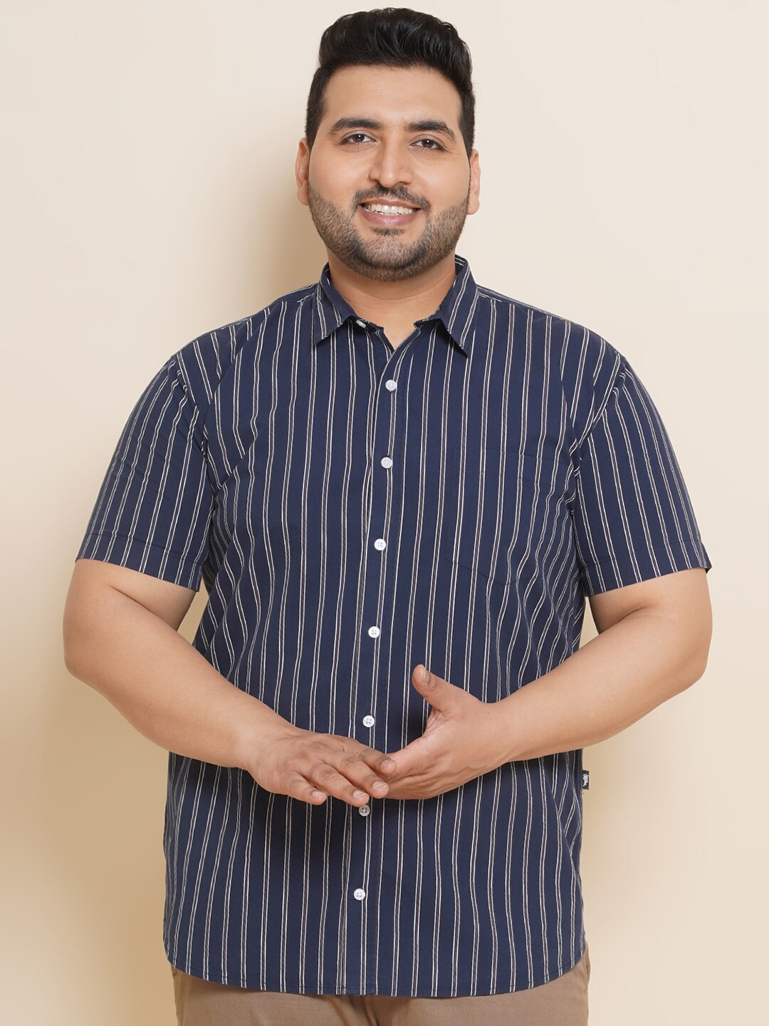 

John Pride Plus Size Vertical Stripes Pure Cotton Casual Shirt, Navy blue