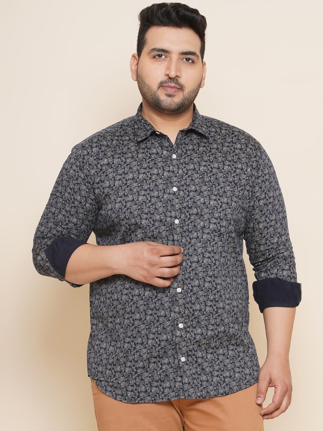 

John Pride Plus Size Ethnic Motifs Printed Pure Cotton Casual Shirt, Navy blue