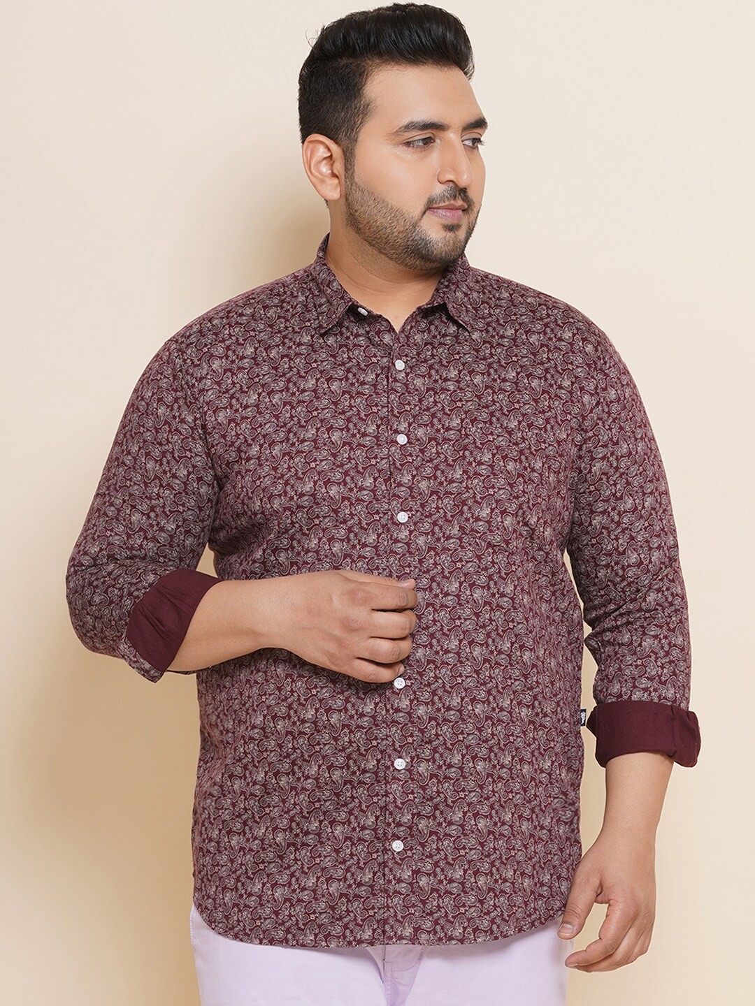 John Pride Plus Size Ethnic Motifs Printed Pure Cotton Casual Shirt, Maroon