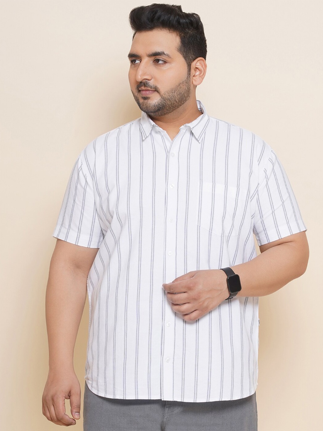 

John Pride Plus Size Vertical Stripes Oxford Pure Cotton Casual Shirt, Off white