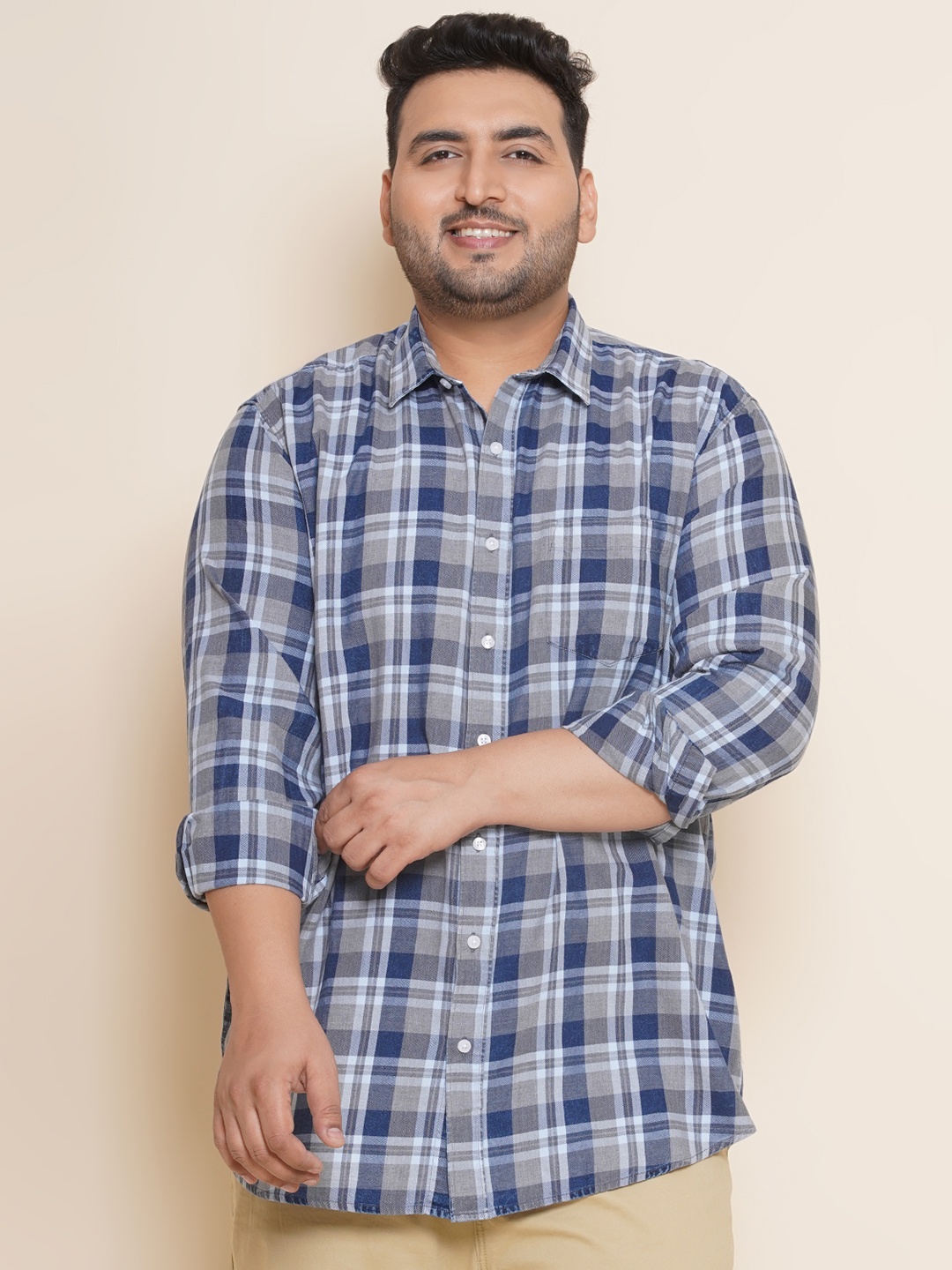 

John Pride Plus Size Spread Collar Opaque Casual Shirt, Blue