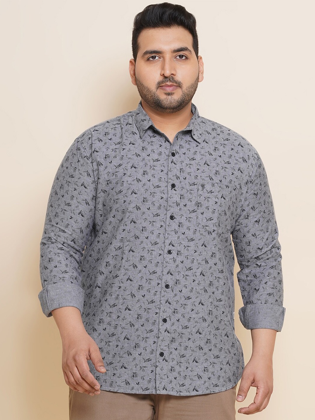 

John Pride Plus Size Spread Collar Opaque Casual Shirt, Grey