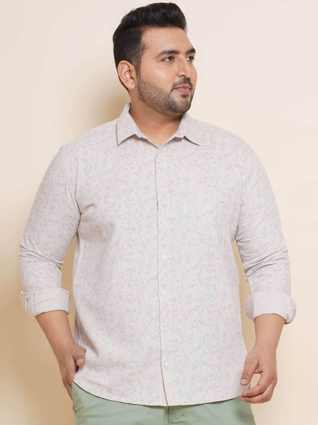 John Pride Plus Size Spread Collar Opaque Casual Shirt, Beige