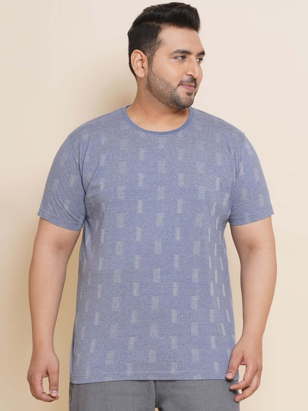 

John Pride Plus Size Geometric Printed Cotton T-shirt, Blue