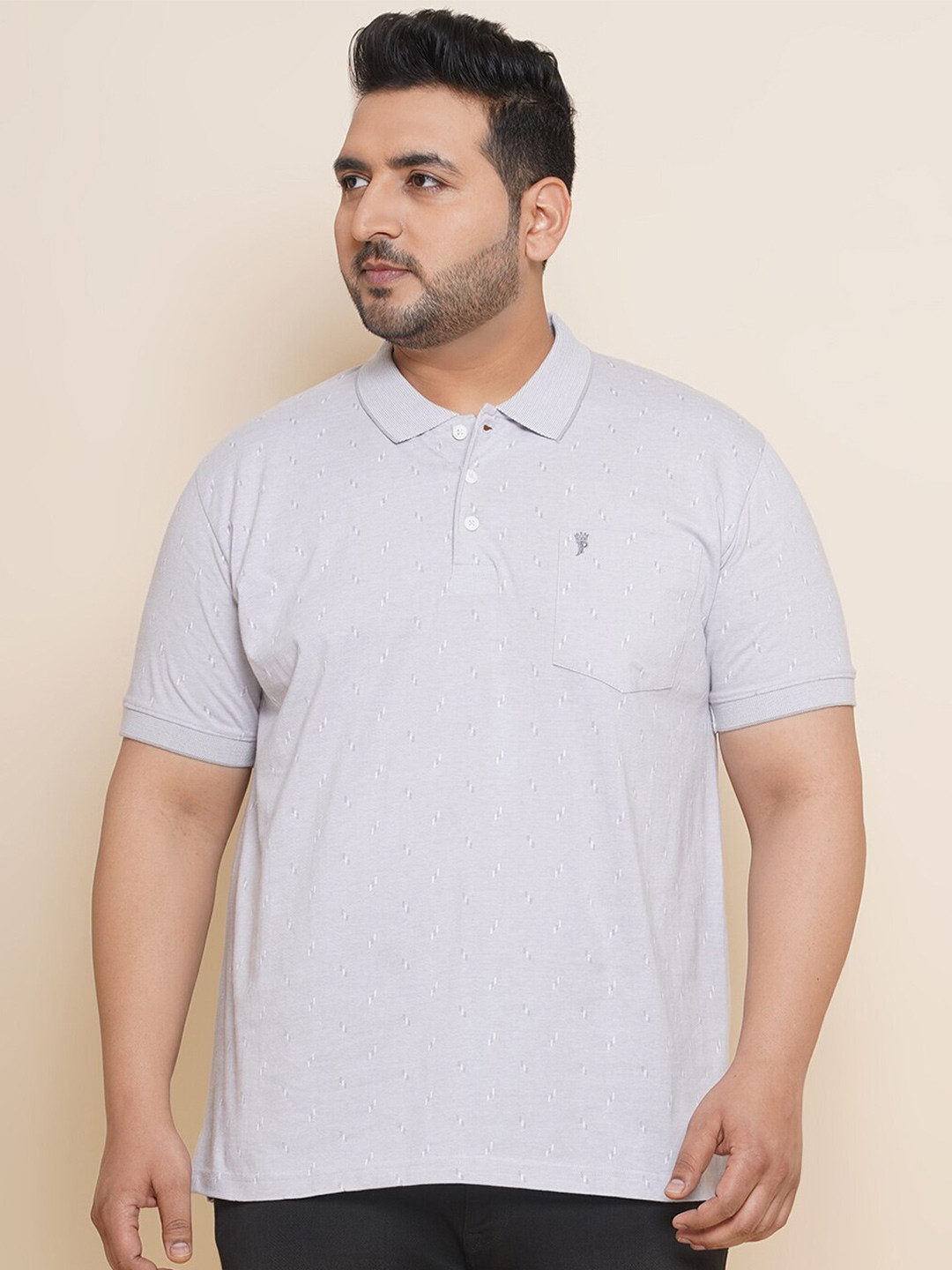 

John Pride Plus Size Polo Collar Geometric Printed Cotton T-shirt, Grey
