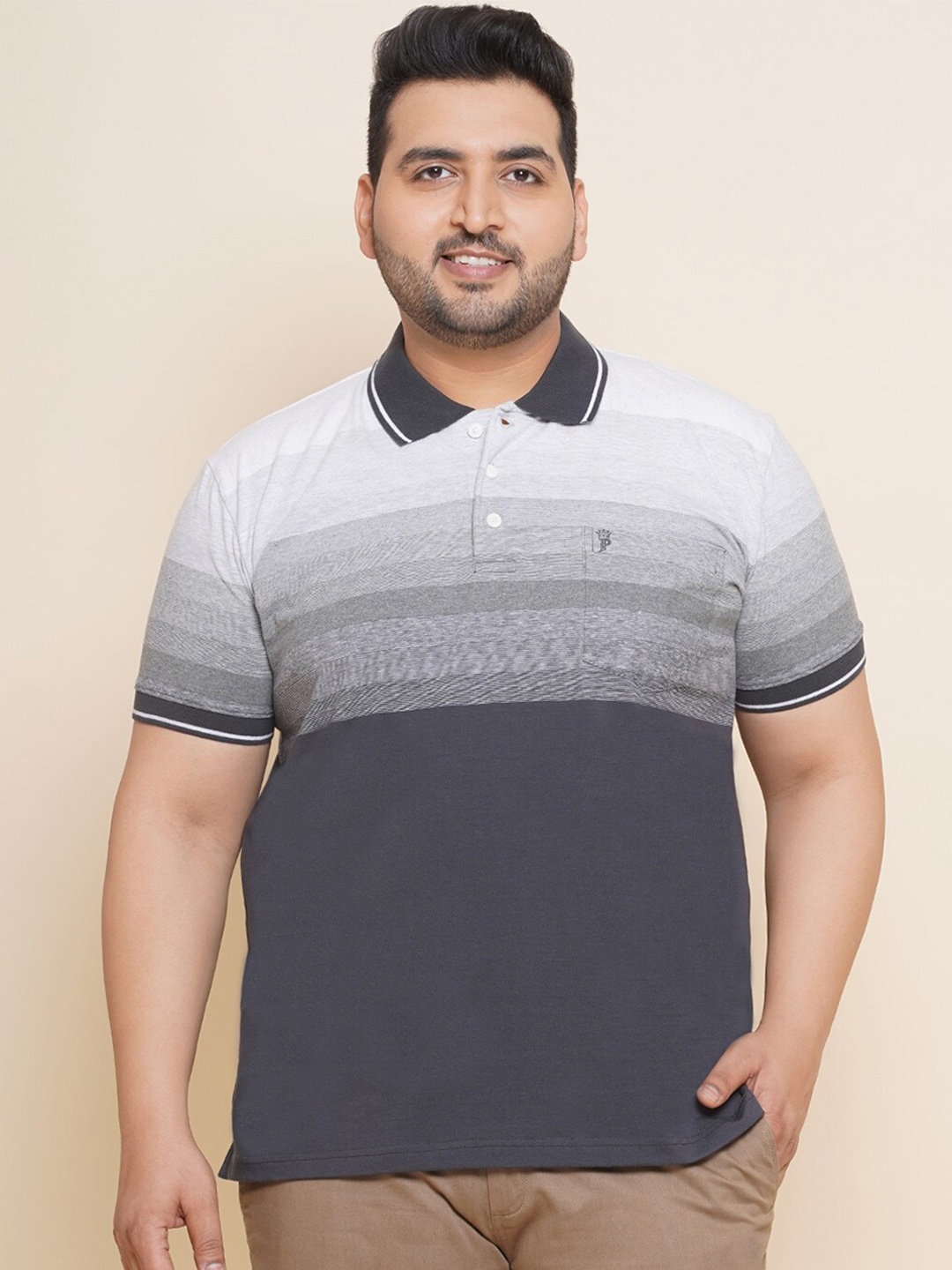 John Pride Plus Size Striped Polo Collar Cotton T-shirt, Grey