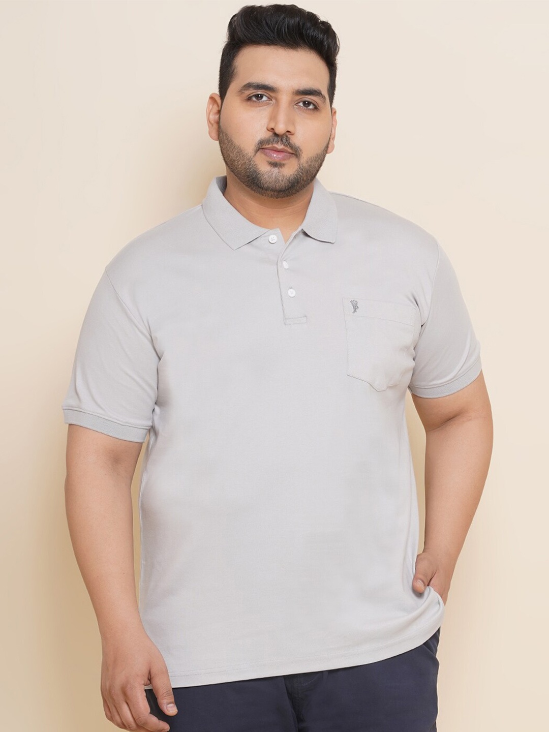John Pride Plus Size Polo Collar Cotton T-shirt, Grey