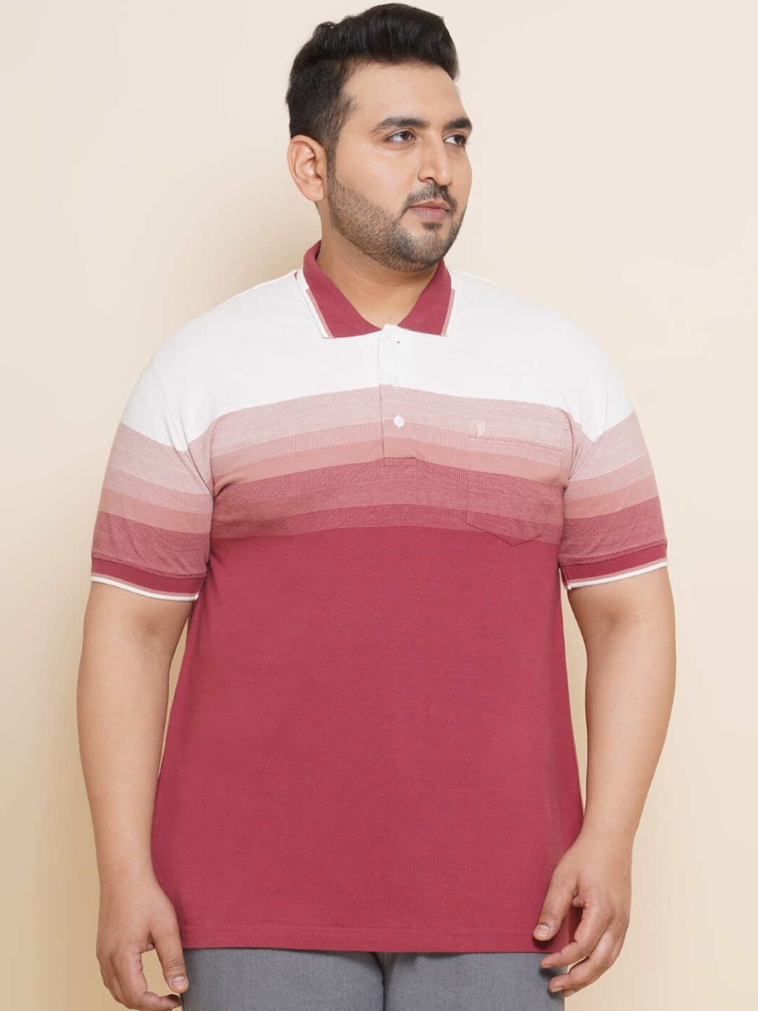 

John Pride Plus Size Striped Polo Collar Cotton T-shirt, White