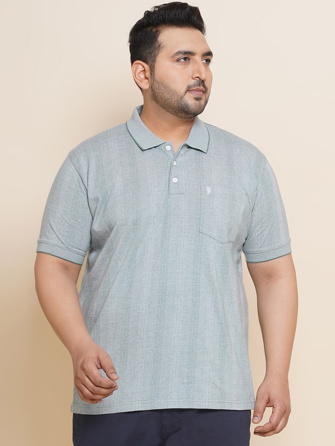 

John Pride Plus Size Striped Polo Collar Cotton T-shirt, Green