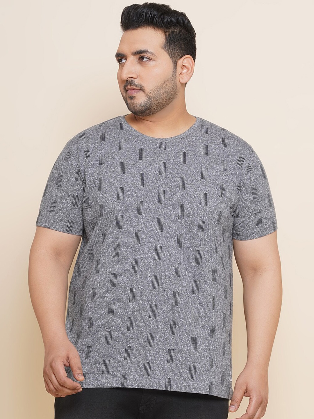 

John Pride Plus Size Geometric Printed Cotton T-shirt, Grey