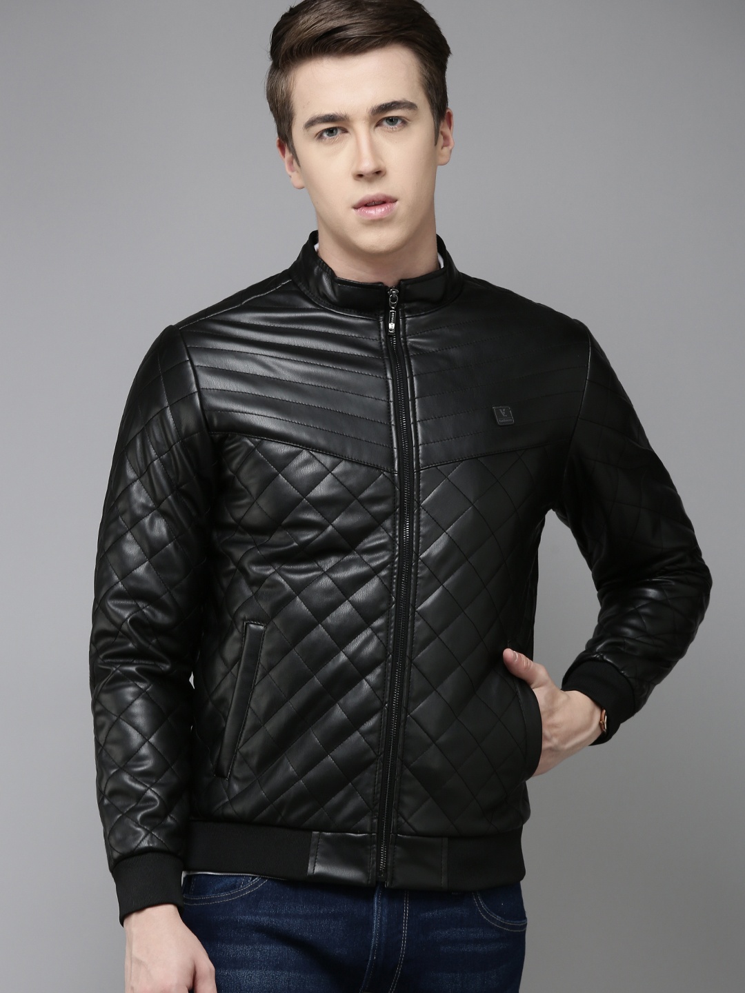 

V Dot Men Geometric Leather Jacket, Black