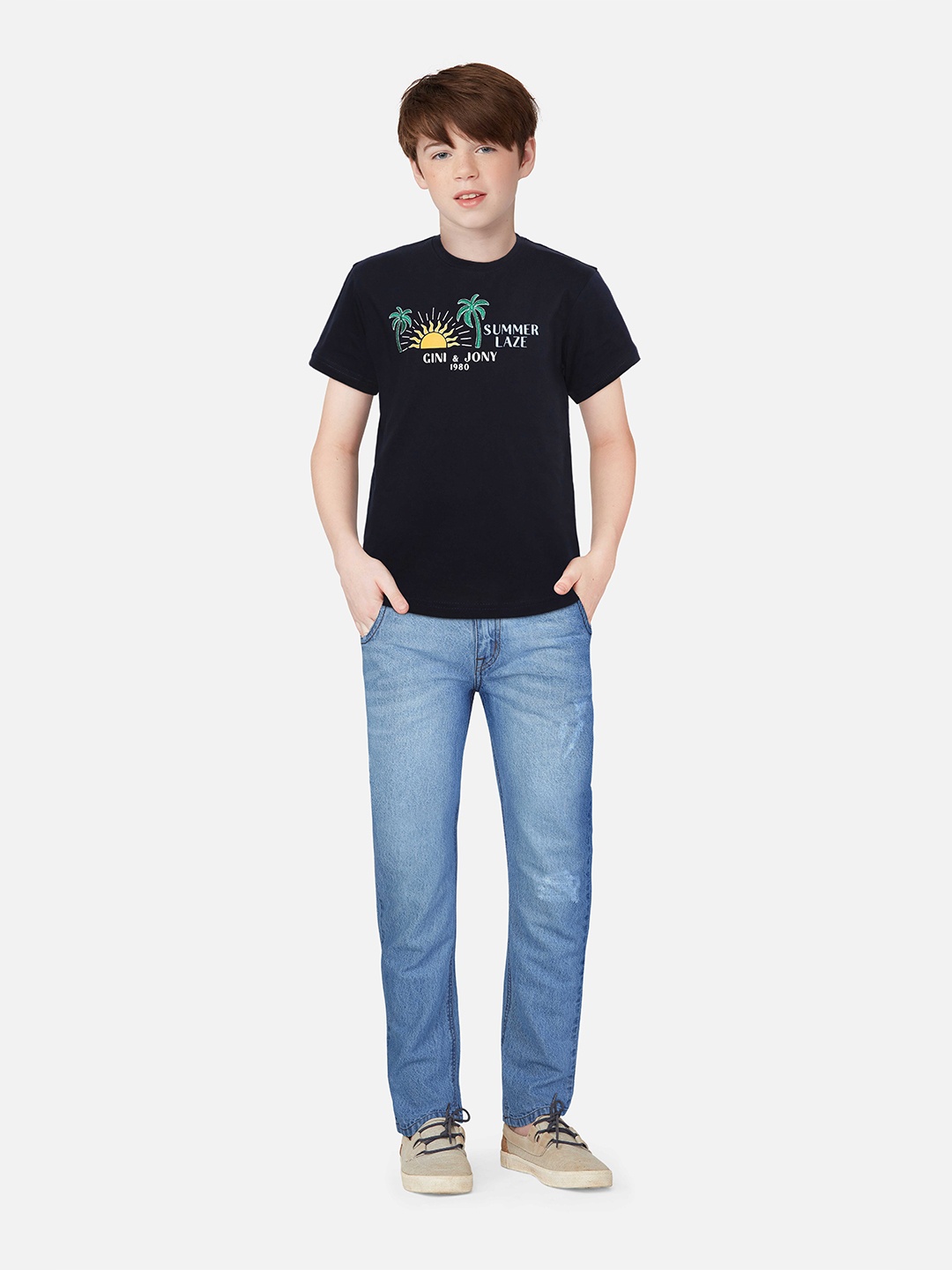 

Gini and Jony Boys Typography Printed Cotton T-shirt, Navy blue