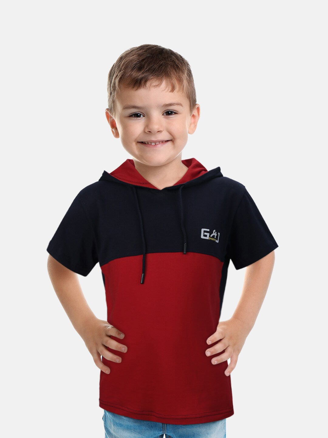 

Gini and Jony Boys Colourblocked Hooded Neck Cotton Casual T-Shirt, Red