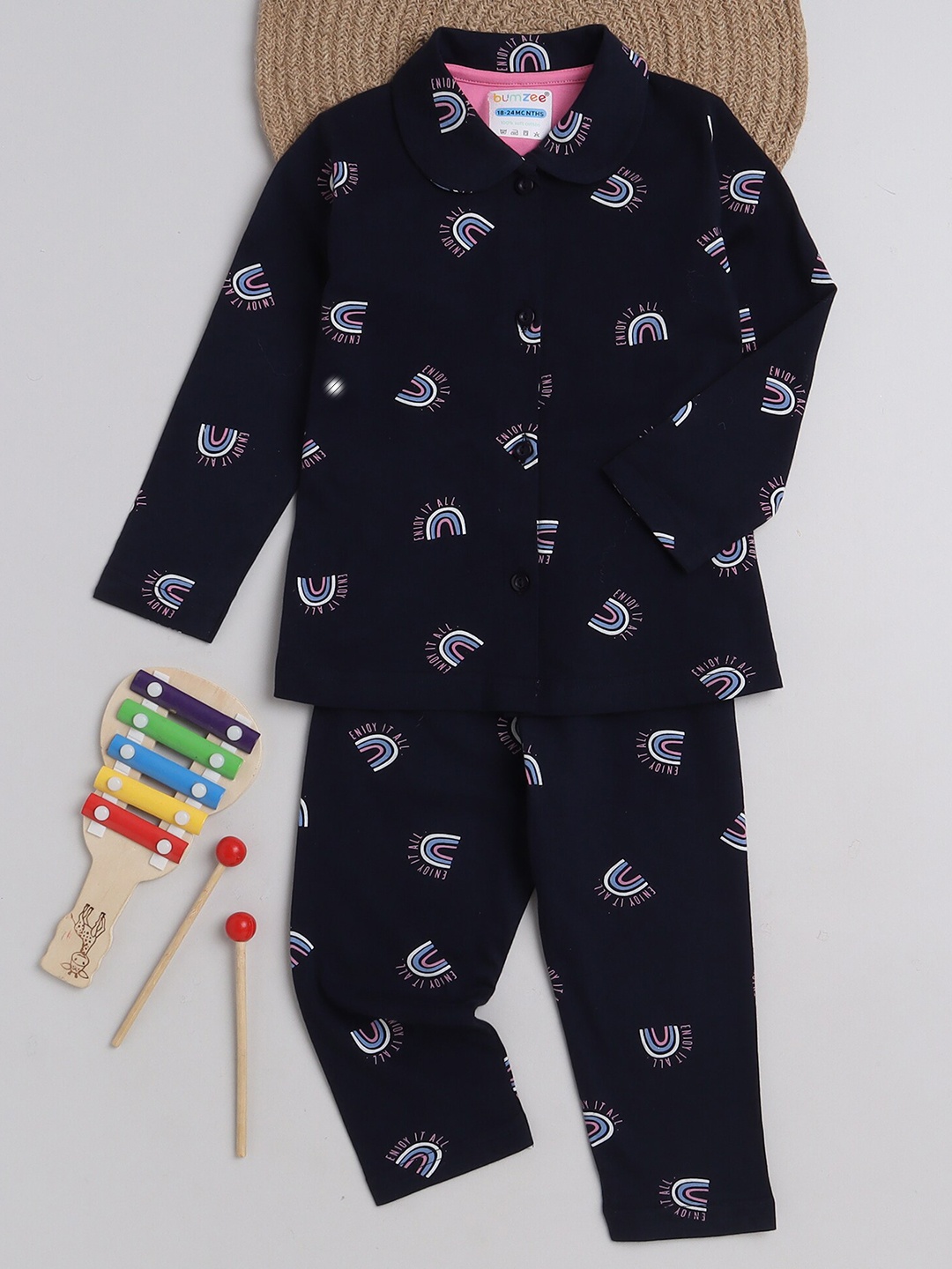 

BUMZEE Girls Conversational Printed Pure Cotton Night Suit, Navy blue