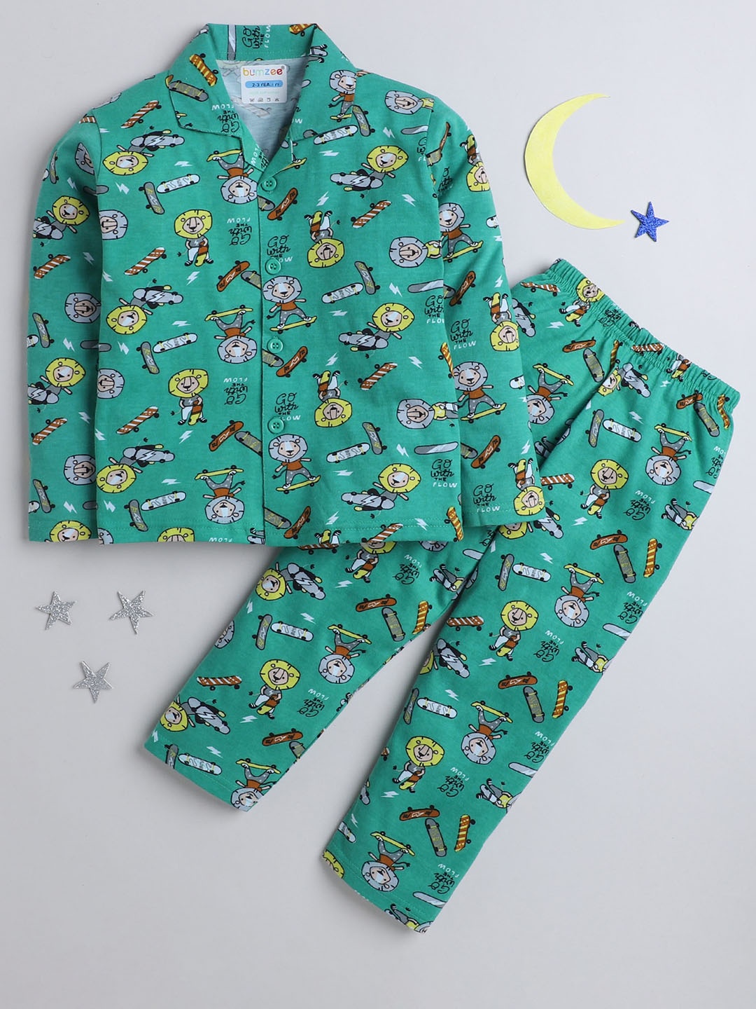 

BUMZEE Boys Conversational Printed Pure Cotton Night Suit, Green