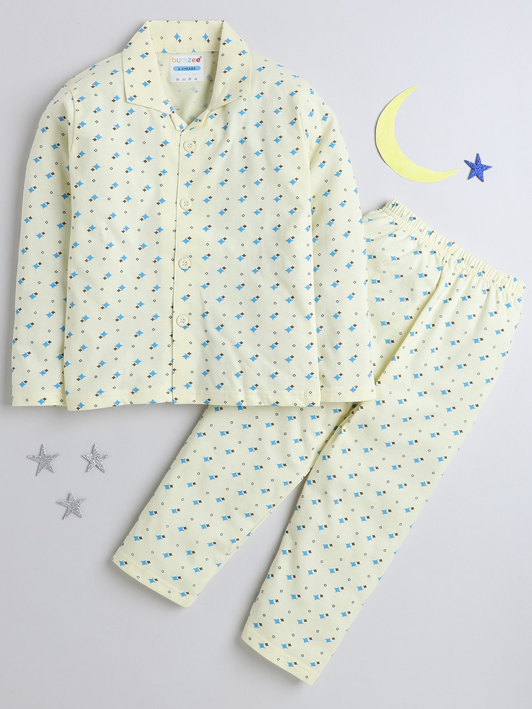 

BUMZEE Boys Geometric Printed Pure Cotton Night Suit, Yellow