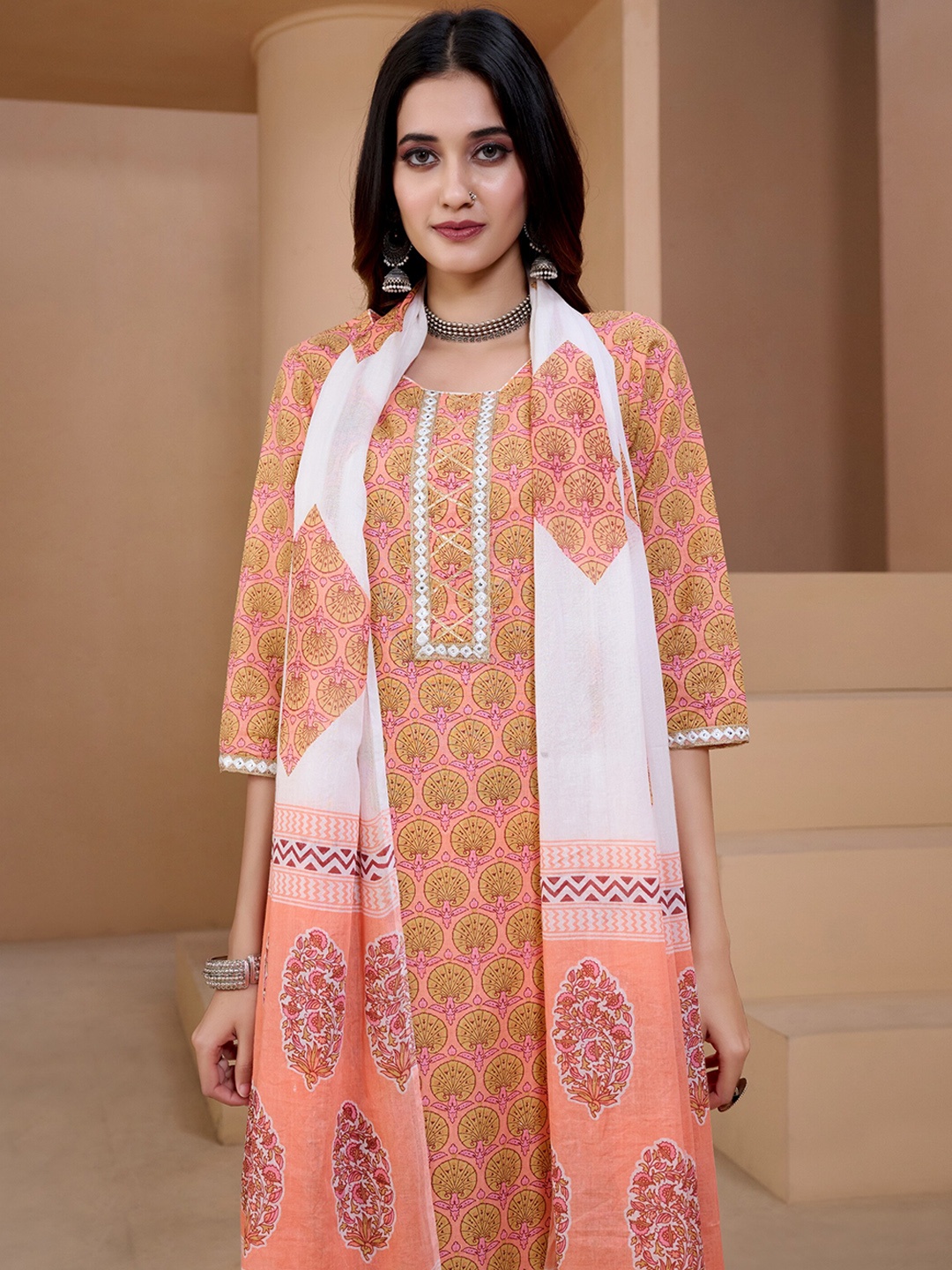 

Sangria Ethnic Motifs Printed Cotton Kurta With Trousers & Dupatta, Peach