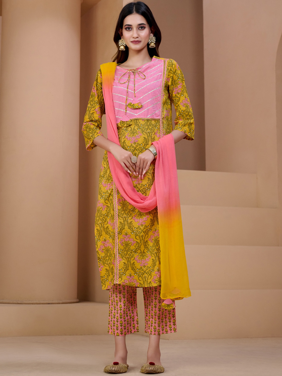 

Sangria Yellow & Peach Floral Printed Pure Cotton Straight Kurta With Trousers & Dupatta, Mustard