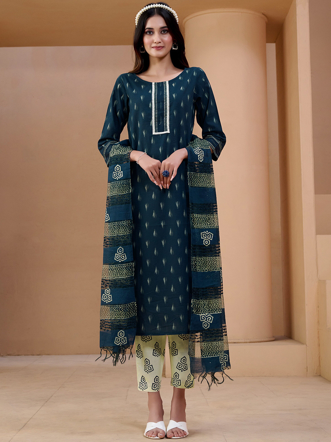 

Sangria Navy Blue & Beige Geometric Printed Pure Cotton Kurta With Trousers & Dupatta