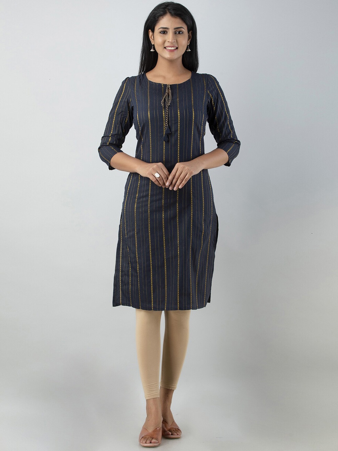 

PREKSHA Striped Tie Up Neck Zari Kurta, Navy blue