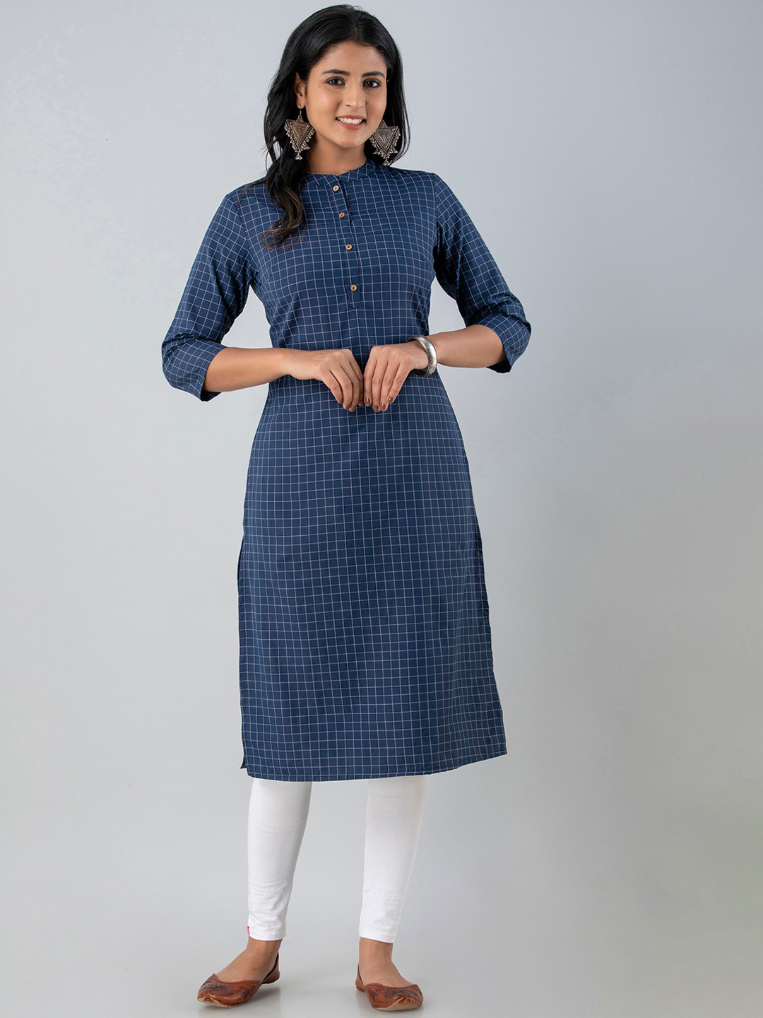 

PREKSHA Checked Mandarin Collar Kurta, Blue