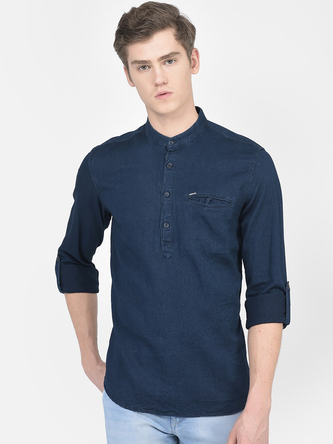 

Crimsoune Club Mandarin Collar Denim Kurta, Navy blue