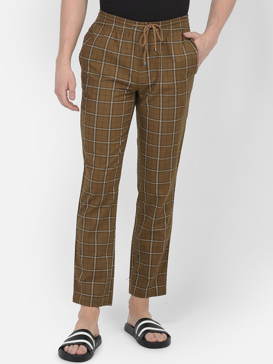 

Crimsoune Club Men Checked Pure Cotton Lounge Pants, Brown