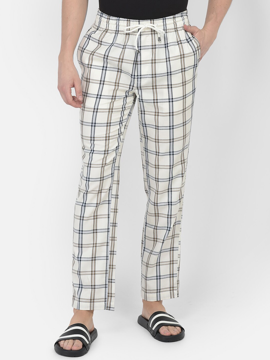 

Crimsoune Club Men Mid-Rise Checked Pure Cotton Lounge Pants, White