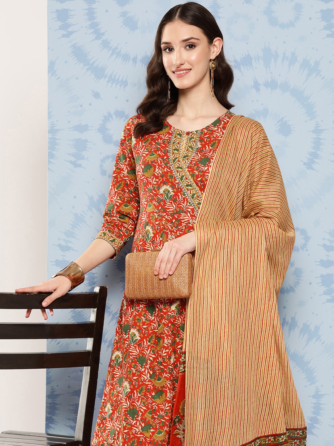 

Yufta Women Printed Angrakha Gotta Patti Pure Cotton Kurta with Palazzos & With Dupatta, Red