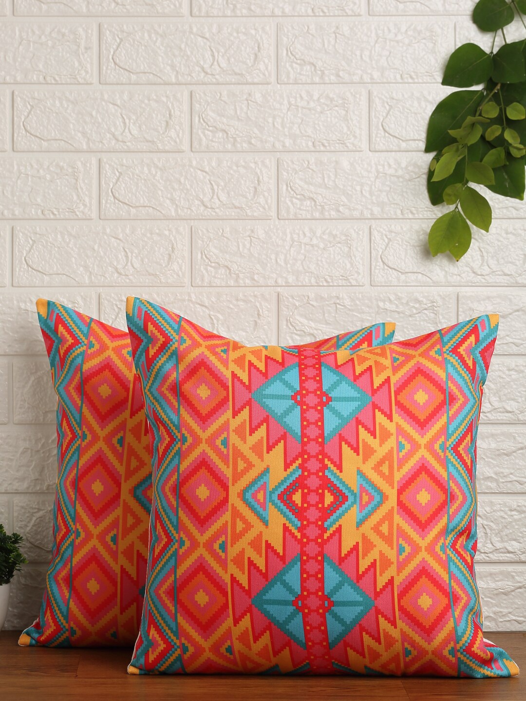 Alina decor Yellow & Red 2 Pieces Ethnic Motifs Square Cushion Covers