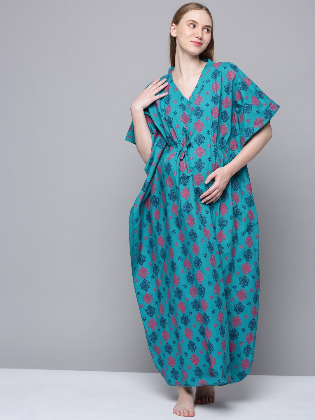 

Kryptic Ethnic Motifs Printed Pure Cotton Maternity Maxi Nightdress, Green