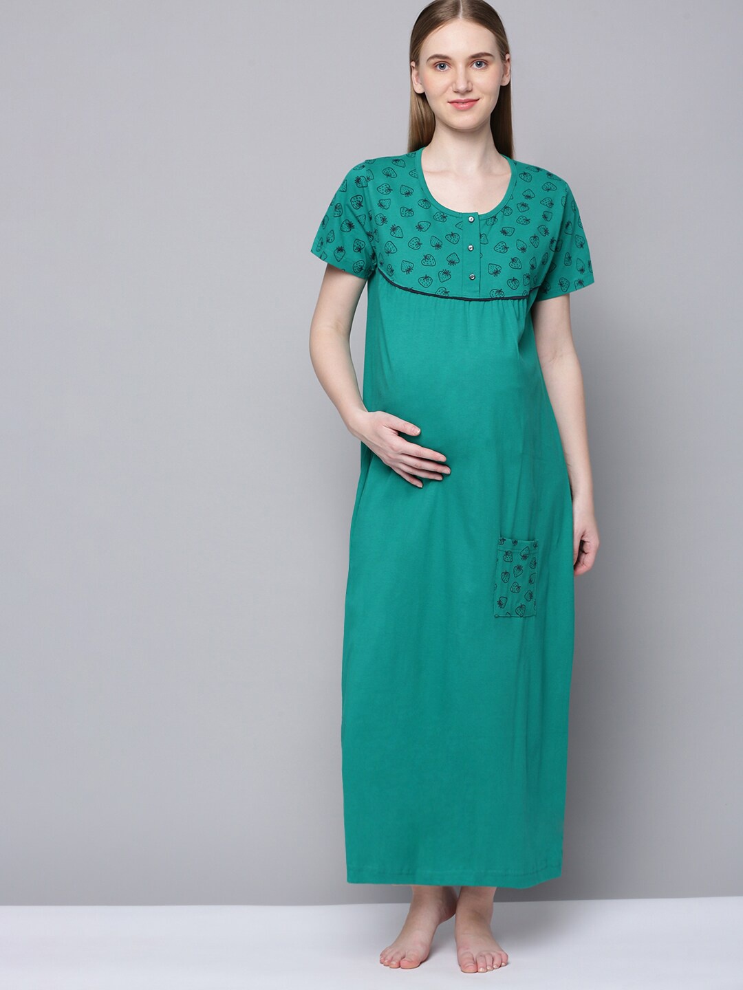 

Kryptic Conversational Printed Pure Cotton Maternity Maxi Nightdress, Sea green