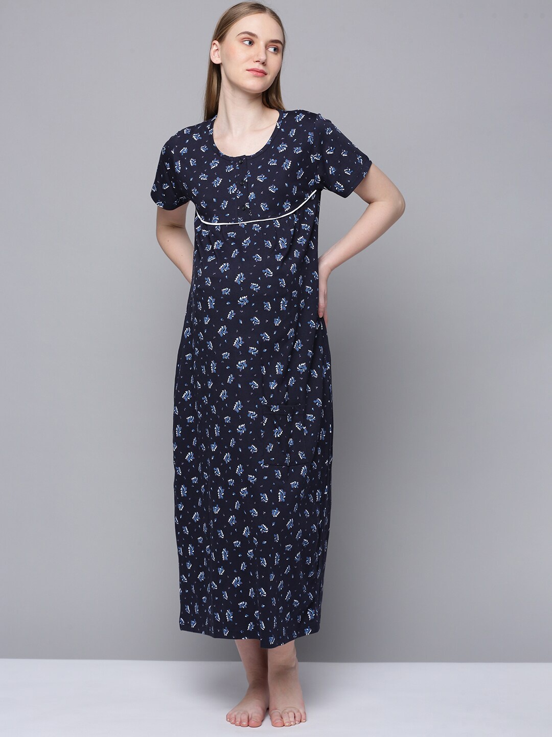 

Kryptic Floral Printed Pure Cotton Maternity Maxi Nightdress, Navy blue