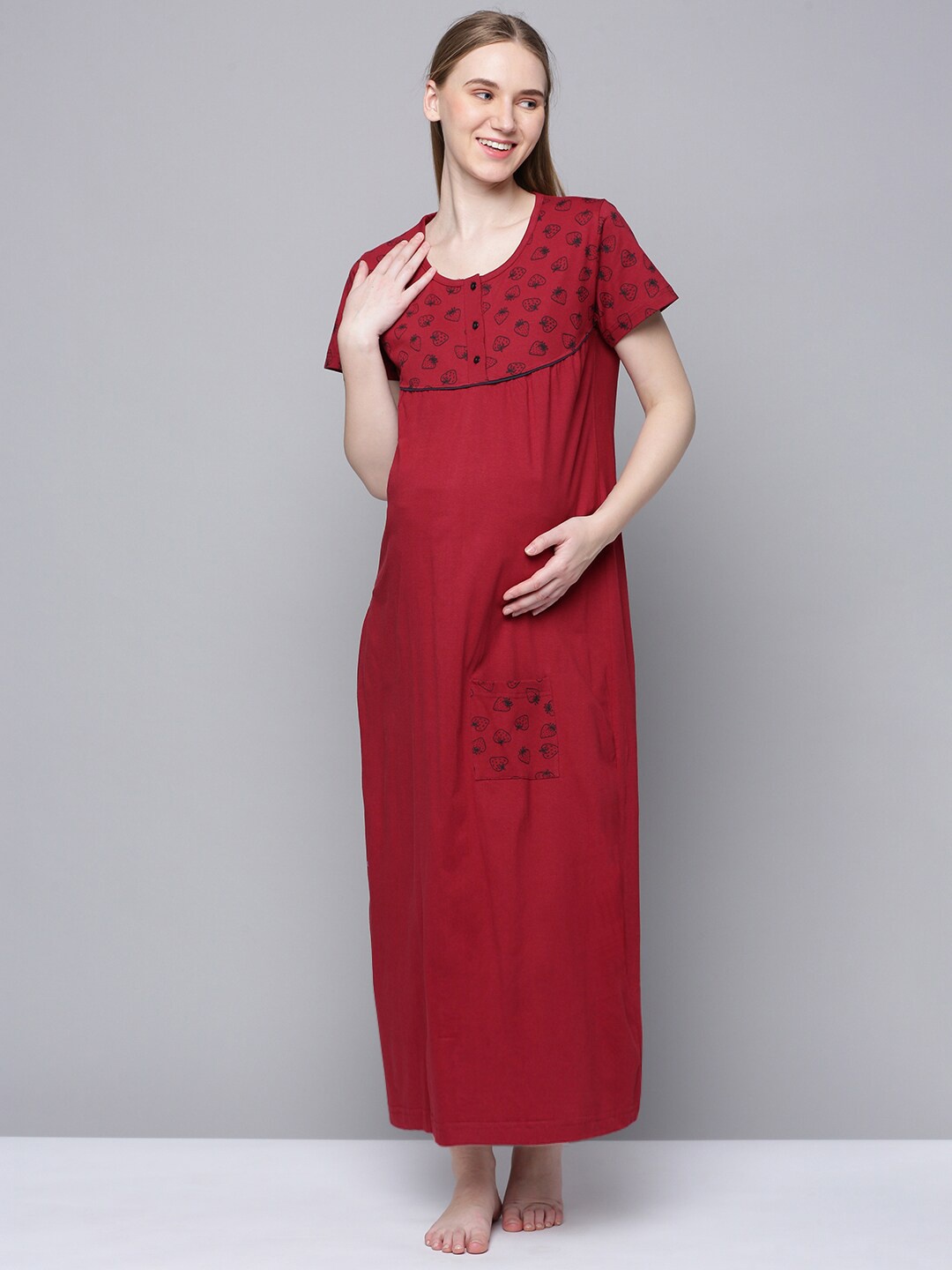 

Kryptic Conversational Printed Pure Cotton Maternity Maxi Nightdress, Maroon